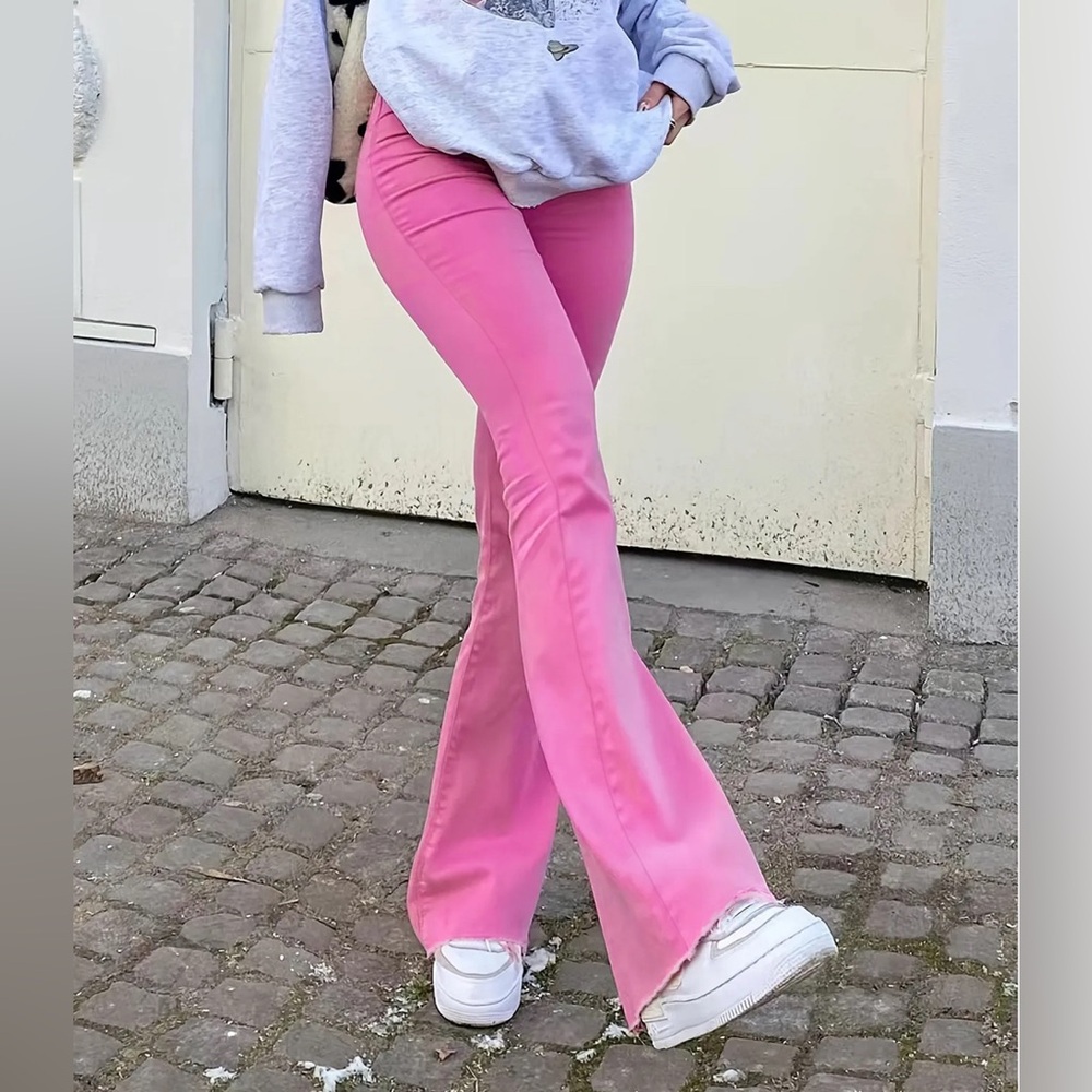 GILIPUR Flared Jeans Women High Waist Pink Stretch Baggy Trousers